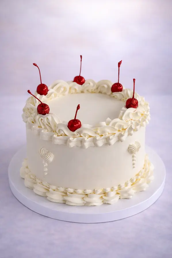 White vintage cake with cherries and cream piping