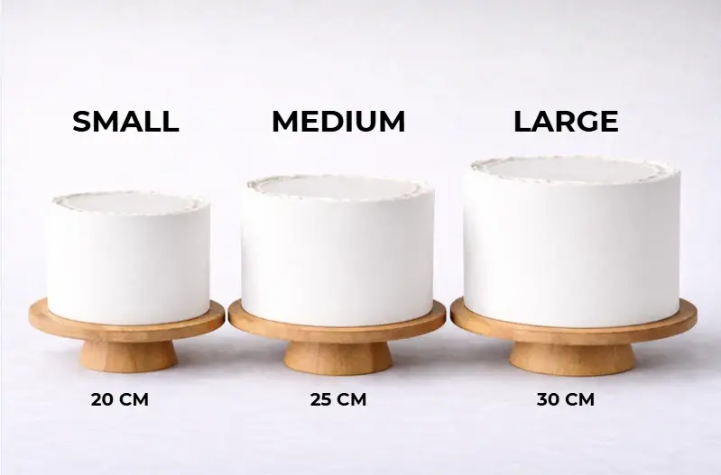 Cake size guide with small, medium and large cakes